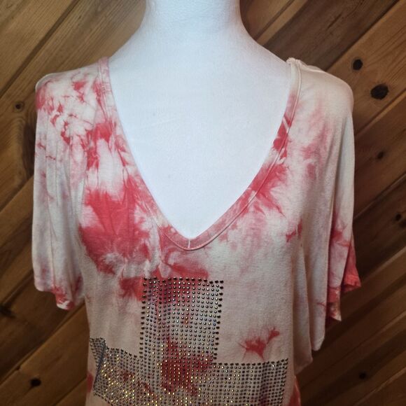 VOCAL Pink Tie Dye Studded Cross V Neck Short Sleeve Ed Hardy Style Med USA Made - Picture 4 of 8